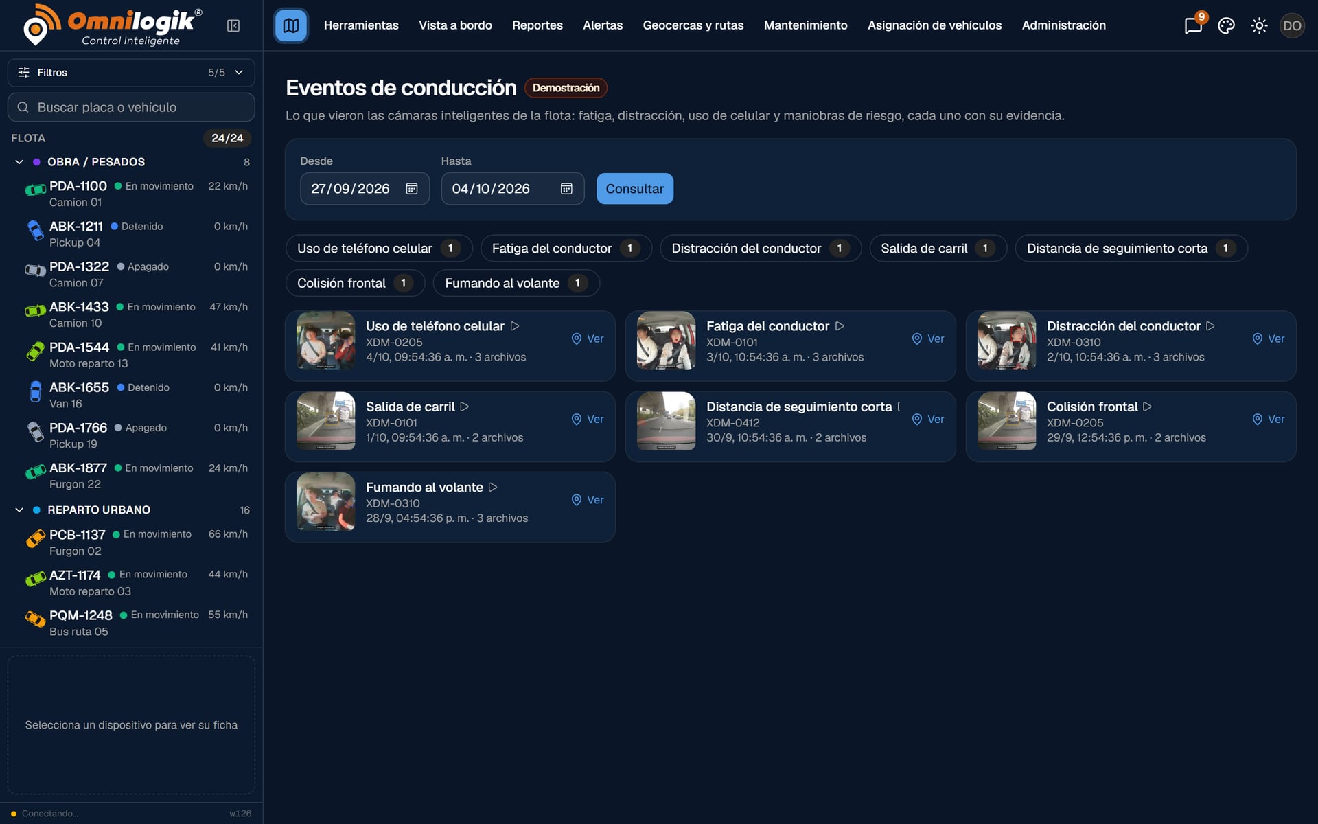 Eventos de conducción detectados por las cámaras con inteligencia artificial: uso de celular, fatiga, distracción, salida de carril y colisión frontal