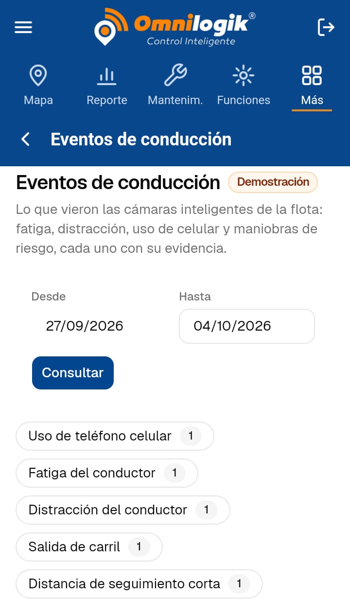 App OmniLogik: eventos de conducción como fatiga, distracción y colisión frontal