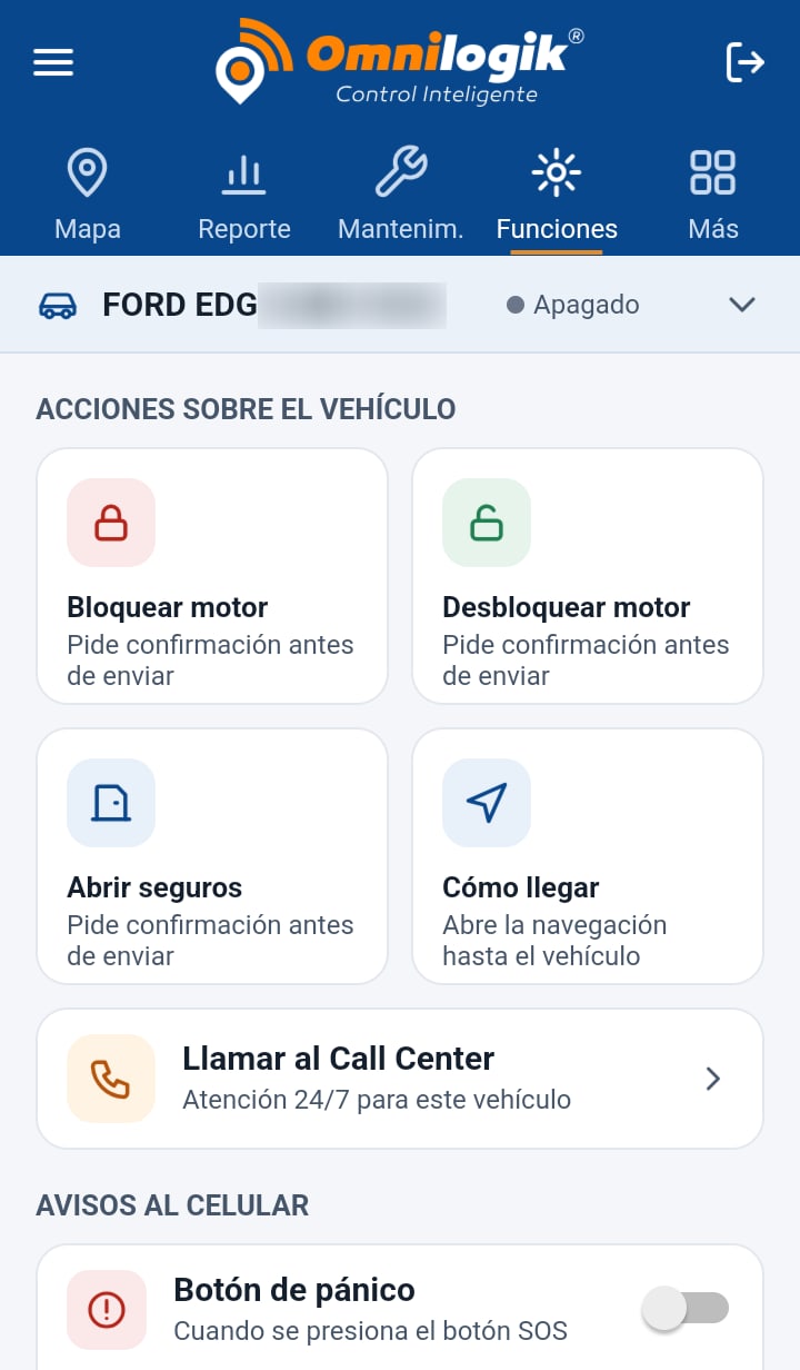 App OmniLogik: bloquear motor, abrir seguros y llamar al Call Center