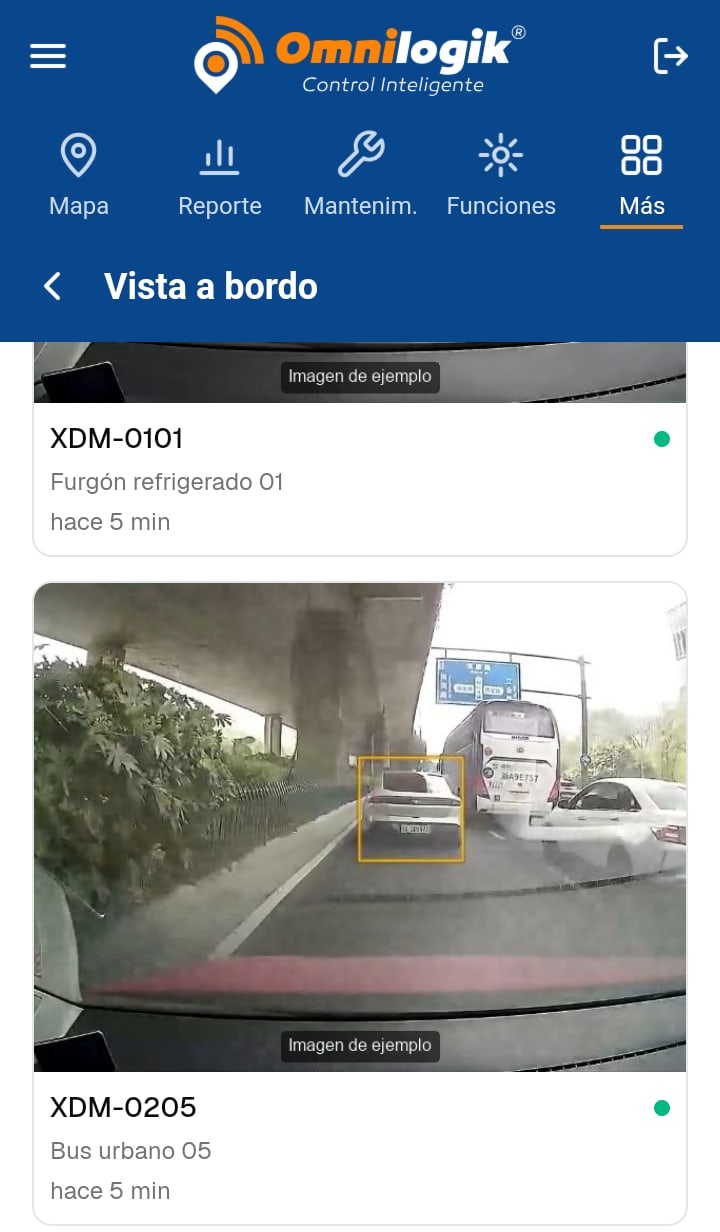 App OmniLogik: vista a bordo con imágenes de las cámaras