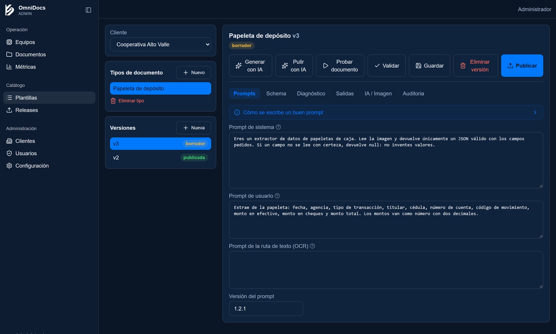 Consola de administración de OmniDocs: tipos de documento con sus instrucciones y los botones para generar y pulir con inteligencia artificial
