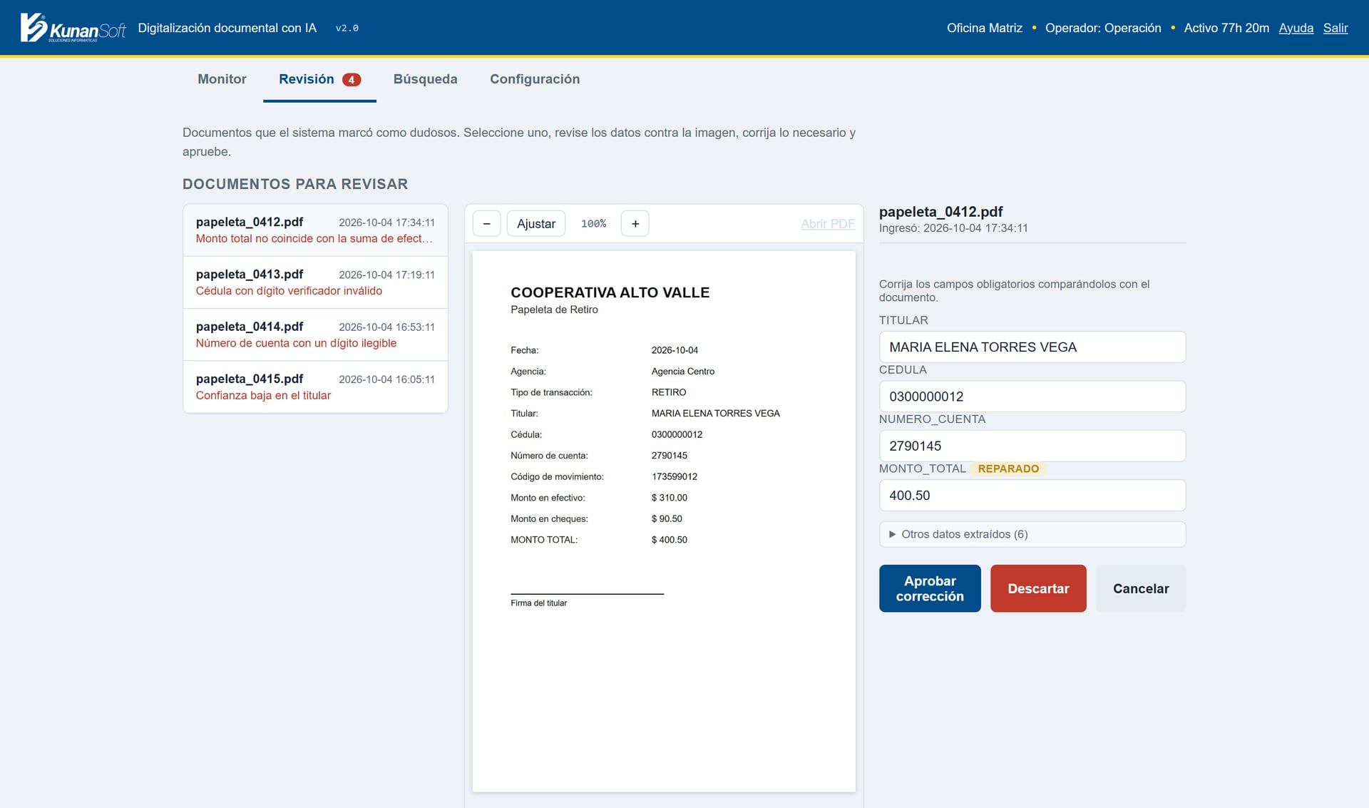Portal de operación de OmniDocs: lista de documentos dudosos, imagen del documento y campos para corregir