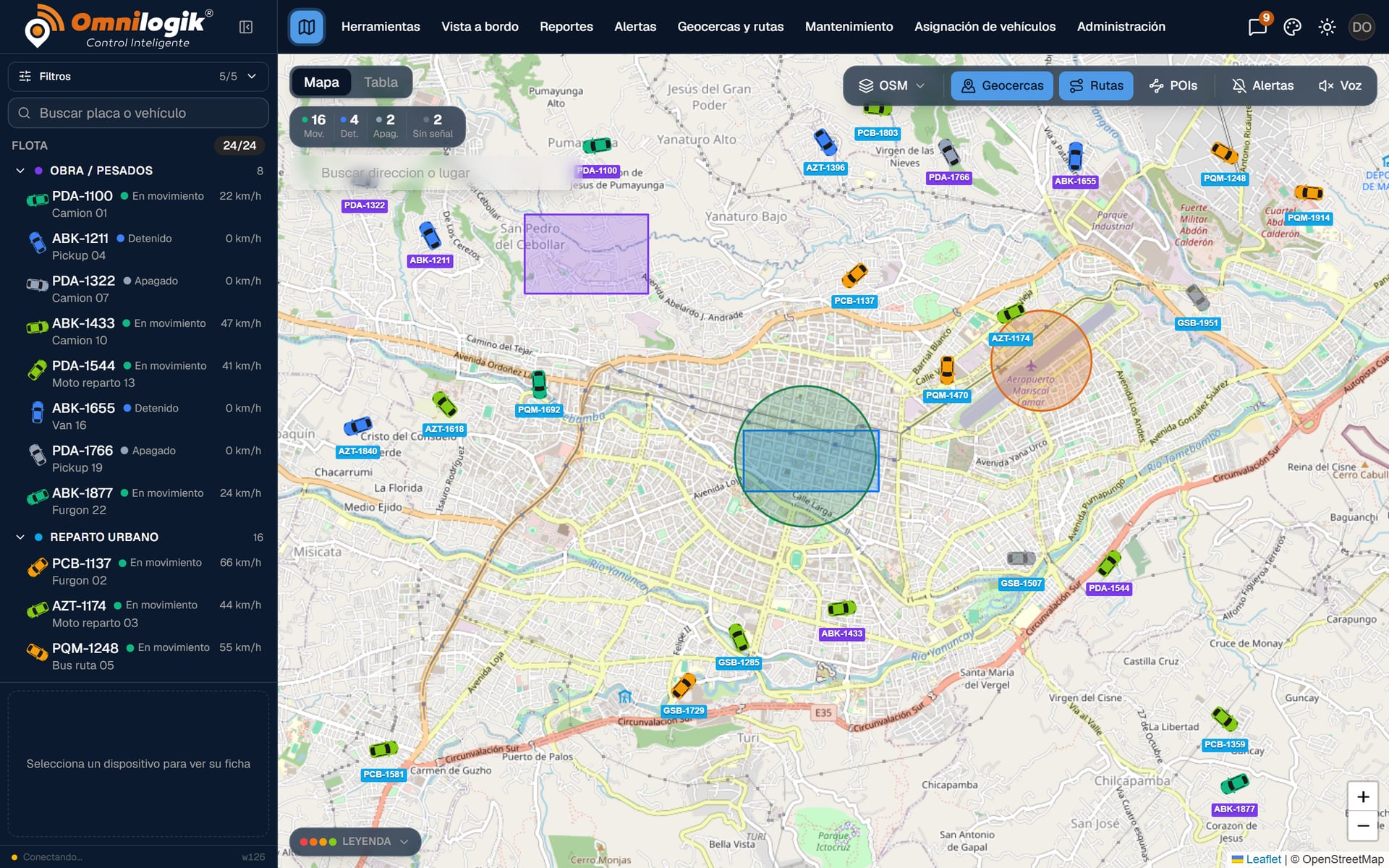 Mapa en vivo con las unidades de la flota y su estado